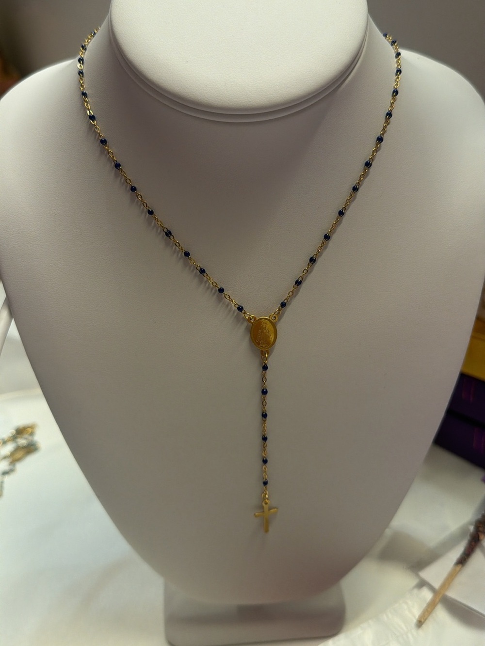 Gold and Navy Rosary-Style Cross Necklace - Women Jewelry
